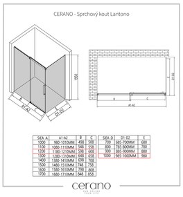CERANO - Sprchovací kút Lantono L/P - 8 mm - čierna matná, grafitové sklo - 120x100 cm - posuvný, CER-CER-8050BD7518