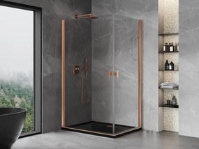 Mexen Mist-B Duo, 2-krídlový výklopný sprchový kút 90 x 70 cm, číre sklo, medený matný profil, 8A2-090-070-65-00