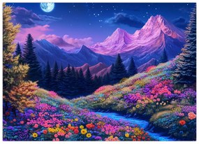 Obraz - Fialová krajina pri úplnku (70x50 cm)