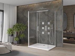 Mexen Omega, 3-stenový sprchovací kút s posuvnými dverami 130 (dvere) x 90 (stena) x 190 cm, 8mm číre sklo, chrómový profil + biela sprchová vanička SLIM, 825-130-100-01-00-3S-4010