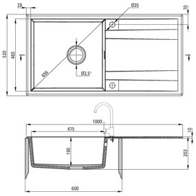 Deante Eridan, granitový drez na dosku 1000x520x203 mm Z/O, 3,5" + priestorovo úsporný sifón, 1-komorový, šedá, ZQE_S713