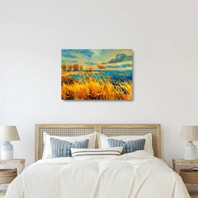 Sklenený obraz - Západajúce slnko nad jazerom, akrylová maľba (70x50 cm)