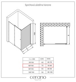 Cerano Varone, sprchovací kút s posuvnými dverami 120(dvere) x 80 (stena) x 195 cm, 6mm číre sklo, čierny profil, CER-CER-DY505B-12080