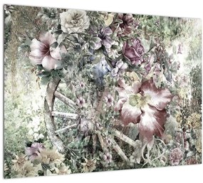 Sklenený obraz kvetov na drevenom bicykli (70x50 cm)