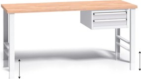 Výškovo nastaviteľný pracovný stôl do dielne G3 so závesným boxom na náradie, buková škárovka, 2 zásuvky, 1700 x 685 x 840 - 1050 mm, sivá