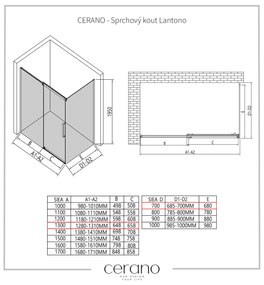 CERANO - Sprchovací kút Lantono L/P - 8 mm - čierna matná, grafitové sklo - 130x70 cm - posuvný, CER-CER-8050BD7523