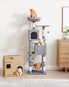 Feandrea škrabadlo pre mačky, 155 cm vysoká hracia veža s 5 škrabacími stĺpmi v sivej farbe