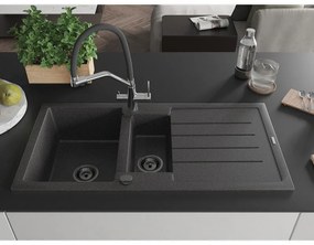 Mexen Andres, granitový drez 1000x500x200 mm, 1,5-komorový a drezová batéria Duo, čierna škvrnitá, 6515-76-671701-07-B