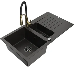 Mexen Matias, granitový drez 900x505x200 mm, 1,5-komorový a drezová batéria Aster, čierna-zlatá metalíza, 6502-75-73450-57-B