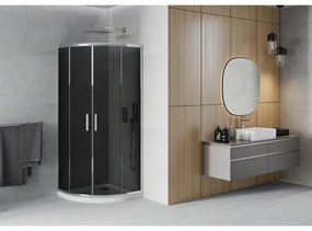 Mexen Rio, štvrťkruhový sprchovací kút s posuvnými dverami 80 x 80 cm, 6mm šedé sklo, chrómový profil + biela sprchová vanička, 863-080-080-01-40-4110