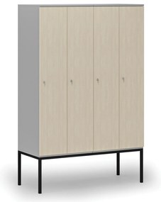 Drevená šatníková skrinka S4 s podnožou, 4 oddiely, 1871 x 1200 x 500 mm, demont, cylindrický zámok, sivá/breza