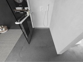 Mexen Kioto+, sprchová zástena Walk-In s poličkou a vešiakom 110 x 200 cm, 8mm číre sklo čierny vzor, biely profil, 800-110-121-20-77