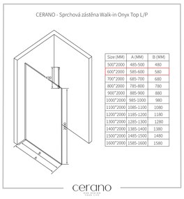 CERANO - Sprchová zástena Walk-in Onyx Top L/P - guľatá vzpera - čierna matná, ryhované sklo - 60x200 cm, CER-CER-8050BD1577