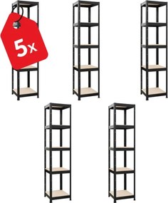 Akcia 5x Regál 180x40x40 cm lakovaný 5-policový, nosnosť 875 kg - čierny