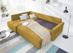 Rohová sedačka na trvalé spanie Island, horčicová žltá látka, ľavý roh