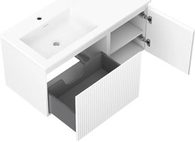 Mexen Rivel, kúpeľňová skrinka 100 cm s ľavým umývadlom Otis, 1S, 1D, drážkovaná, biela matná, 91A23-10047-3-BBFF01-W18L01