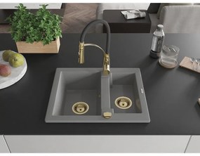 Mexen Carlos, 1,5-komorový granitový drez 582x475x177 mm a drezová batéria Aster, šedá, 6518-71-73450-57-G