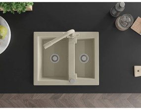 Mexen Carlos, 1,5-komorový granitový drez 582x475x177 mm a drezová batéria Duero, béžová, 6518-69-671600-69