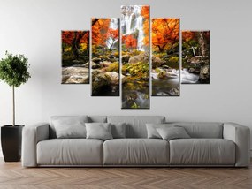 Gario Obraz s hodinami Jesenný vodopád - 5 dielny Rozmery: 150 x 105 cm