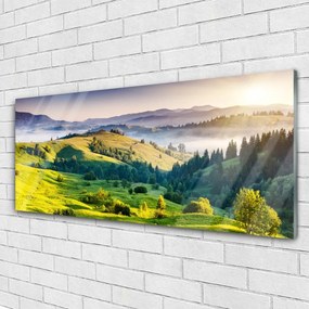 Obraz na akrylátovom skle Hora pole hmla príroda 125x50 cm