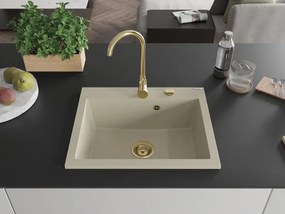 Mexen Elix, 1-korový granitový drez 600 x 500 mm, béžová, zlatý sifón, 6525601005-69-G
