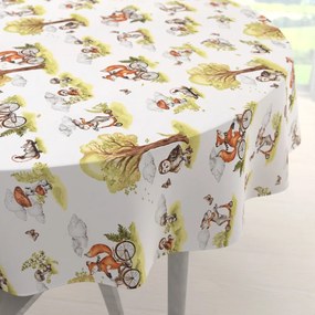 Biante Detský bavlnený okrúhly obrus Sandra SA-697 Líšky na bicykloch - zelené na bielom Ø 110 cm