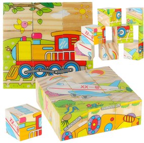 KIK Vzdelávacie drevené puzzle bloky Vozidlá 9el.