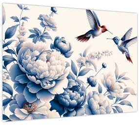Sklenený obraz - Kolibríky nad kvetinou (70x50 cm)