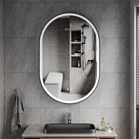 Erga Gwen, oválne LED zrkadlo 60x90cm v čiernom kovovom ráme, 3 farby svetla, predné osvetlenie, vyhrievacia podložka proti zapareniu, ERG-V01-GWEN-6090-BK