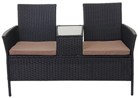 Záhradná lavica so stolíkom E24 - umelý ratan, 132cm - Čierna, sedáky krémová