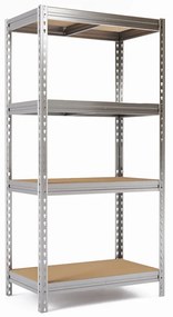 BULLRACK RIVET bezskrutkový kovový regál s drevenou DTD policou, 200x100x60 cm, 4 police, 600kg na policu, zinok