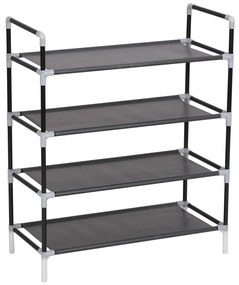 Regál na topánky so 4 policami, kov a netkaná textília, čierny