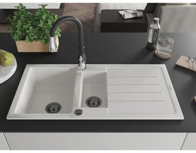 Mexen Andres, 1,5-komorový granitový drez 1000x500x200 mm a drezová batéria Savita, biela, 6515-20-672601-70
