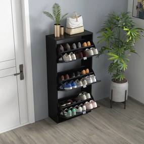 HOMCOM Skrinka na topánky s 3 sklápacími dverami a 3 priehradkami, 60L x 26W x 124H cm Lesklá čierna | Aosom