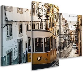 Obraz na plátně třídílný Tramvaj Lisabon Město žlutá - 150x100 cm