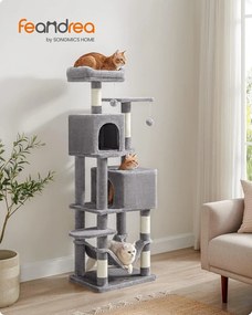 Feandrea škrabadlo pre mačky, 155 cm vysoká hracia veža s 5 škrabacími stĺpmi v sivej farbe