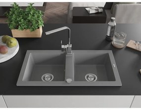 Mexen Mario, granitový drez 820x436x161 mm, 2-komorový, šedá s chrómovým sifónom a chrómová drezová batéria Rita, 6504-71-670300-00