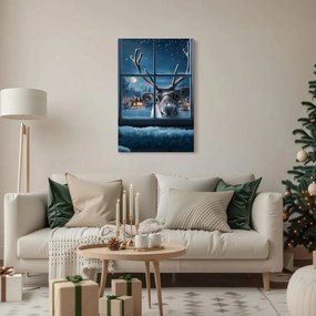 Vianočný obraz roztomilý sob za zasneženým oknom