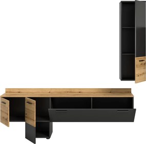 Obývacia stena s osvetlením Goul, tmavo šedá/dub evoke