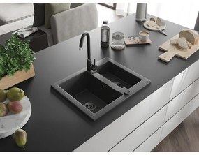 Mexen Carlos, granitový drez 582x475x177 mm, 1,5-komorový a čierna drezová batéria Telma, čierna škvrnitá, 6518-76-670200-70-B