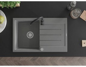 Mexen Bruno, 1-komorový granitový drez s odkvapkávačom 795x495x200 mm a čierna kuchynská batéria Telma, šedá, 6513-71-670200-70
