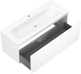 Mexen Rivel, kúpeľňová skrinka 120 cm s umývadlom Vela, 1 zásuvka, drážkovaná, biela matná, 91A20-12047-1-BF01-W23M01