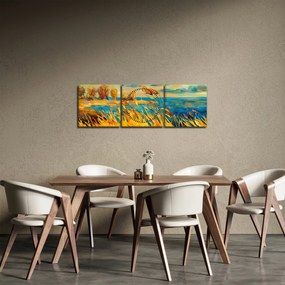 Obraz - Západajúce slnko nad jazerom, akrylová maľba (s hodinami) (90x30 cm)