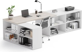 Kancelársky písací stôl s úložným priestorom BLOCK B02, 320x160 cm, biela/dub prírodný