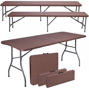 Cateringový set RATTAN stôl 180 cm a 2 lavice hnedý