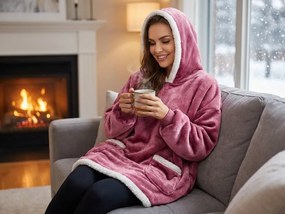 Baránková mikinová deka s rukávmi a kapucňou LAVENDR, vínová