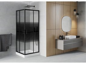 Mexen Rio, štvorcový sprchovací kút s posuvnými dverami 70(dvere) x 70(dvere) x 190 cm, 6mm číre sklo s pásikmi, čierny profil + biela sprchová vanička RIO, 860-070-070-70-20-4510