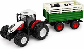 LEAN Toys Poľnohospodársky traktor s prívesom, diaľkovo ovládaný RC, figúrka kravy, mierka 1:24