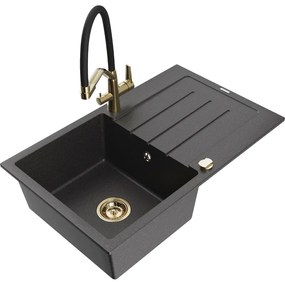 Mexen Bruno, 1-komorový granitový drez 795x495x200 mm a drezová batéria Duo, čierna škvrnitá, 6513-76-671701-57-G