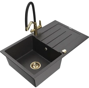Mexen Bruno, 1-komorový granitový drez 795x495x200 mm a drezová batéria Duo, čierna škvrnitá, 6513-76-671701-57-G